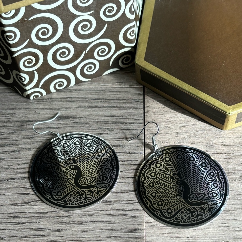 Elegant Peacock Print Round Earrings